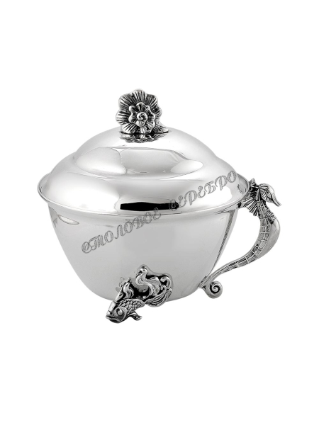 Серебряная икорница "Морской конек" с футляром