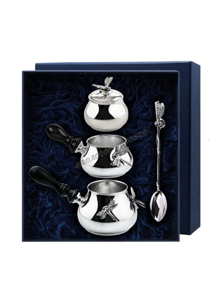 Серебряный набор для кофе "Стрекоза" ложка, турка, сливочник, сахарница 